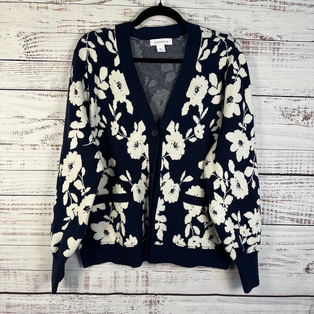 Liz Claiborne Blue Cream Floral V Neck Button Up Cardigan Cottagecore Womens XL